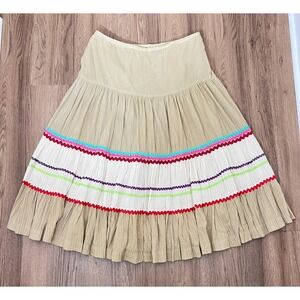 Due Per Due Skirt Size 8 Beige Tiered Boho Multicolor Trim Cottagecore Prarie